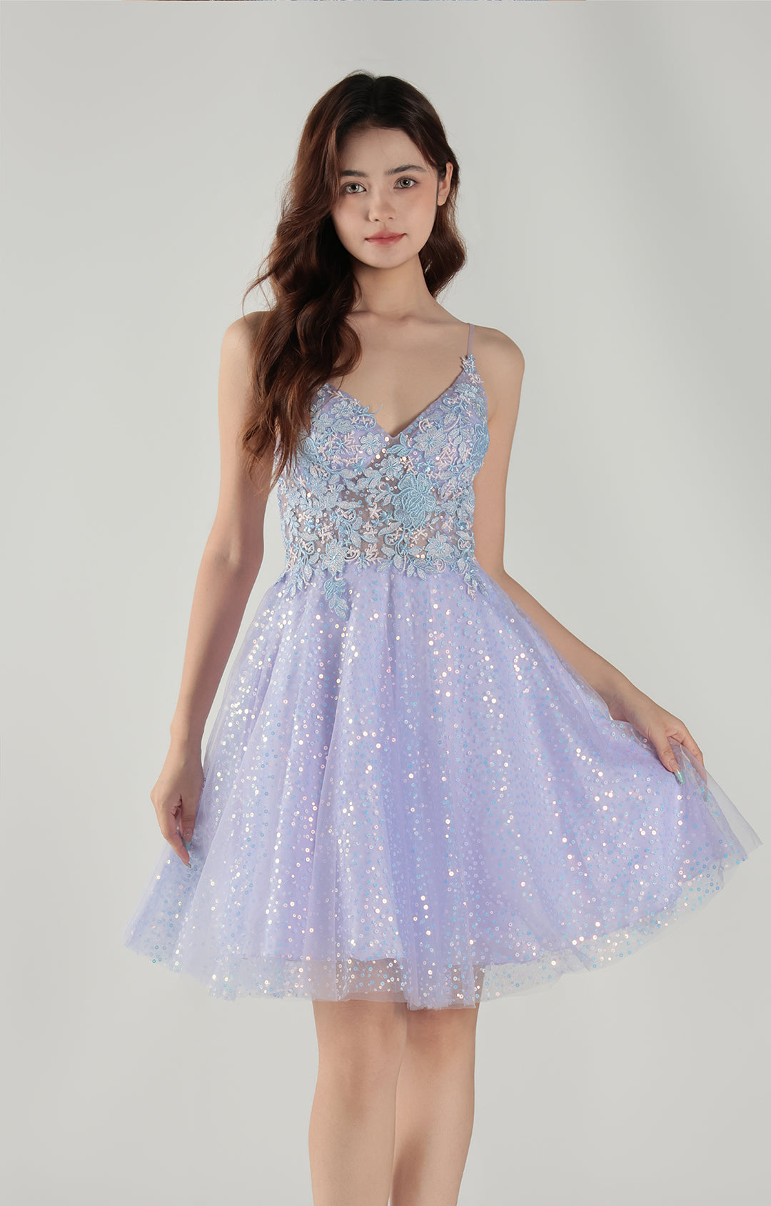 A-Line V-Neck Spaghetti Straps Appliqued Glitter Mini Dress