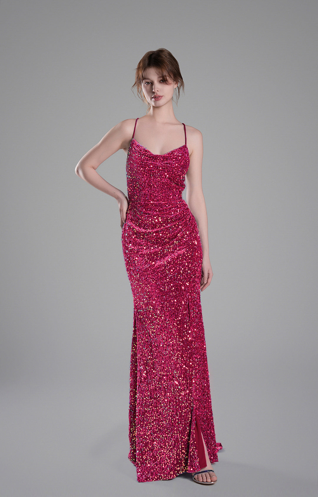 Cowl Neckline Eye-Catching Sequin Lace-Up Dresses