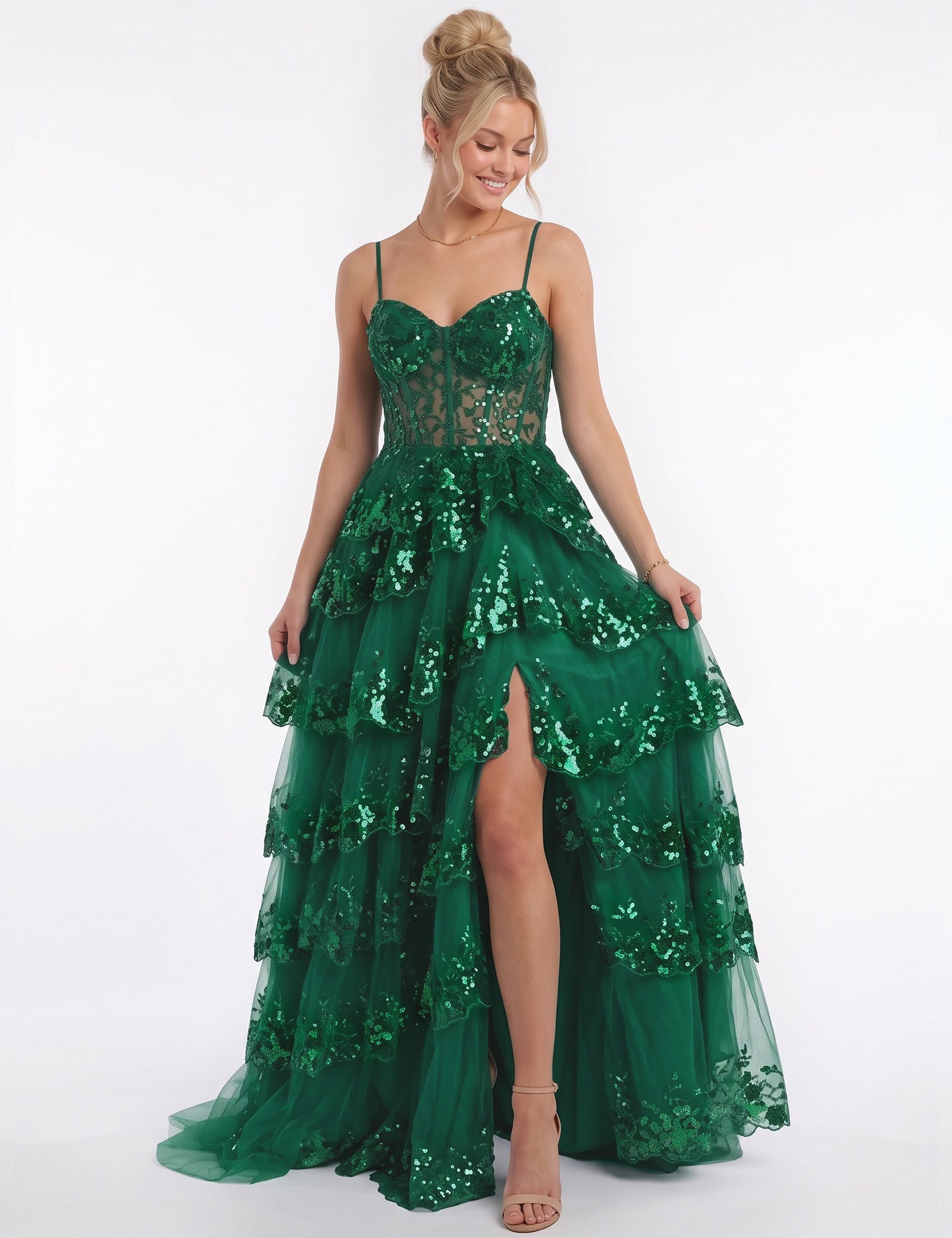 Sweetheart Spaghetti Strap Sequin Tiered Tulle Prom Dress