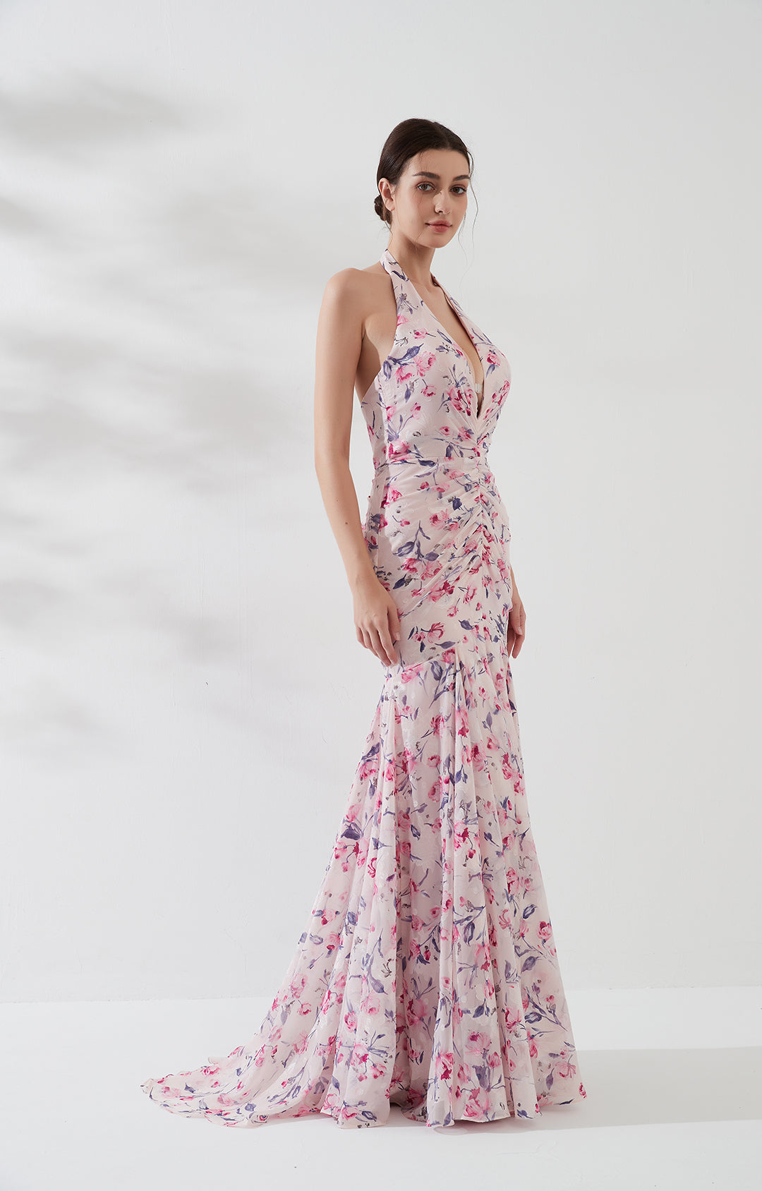 Ärmelloses, tiefes V-Ausschnitt Neckholder-Rückenfreies Jacquard-Meerjungfrauenkleid