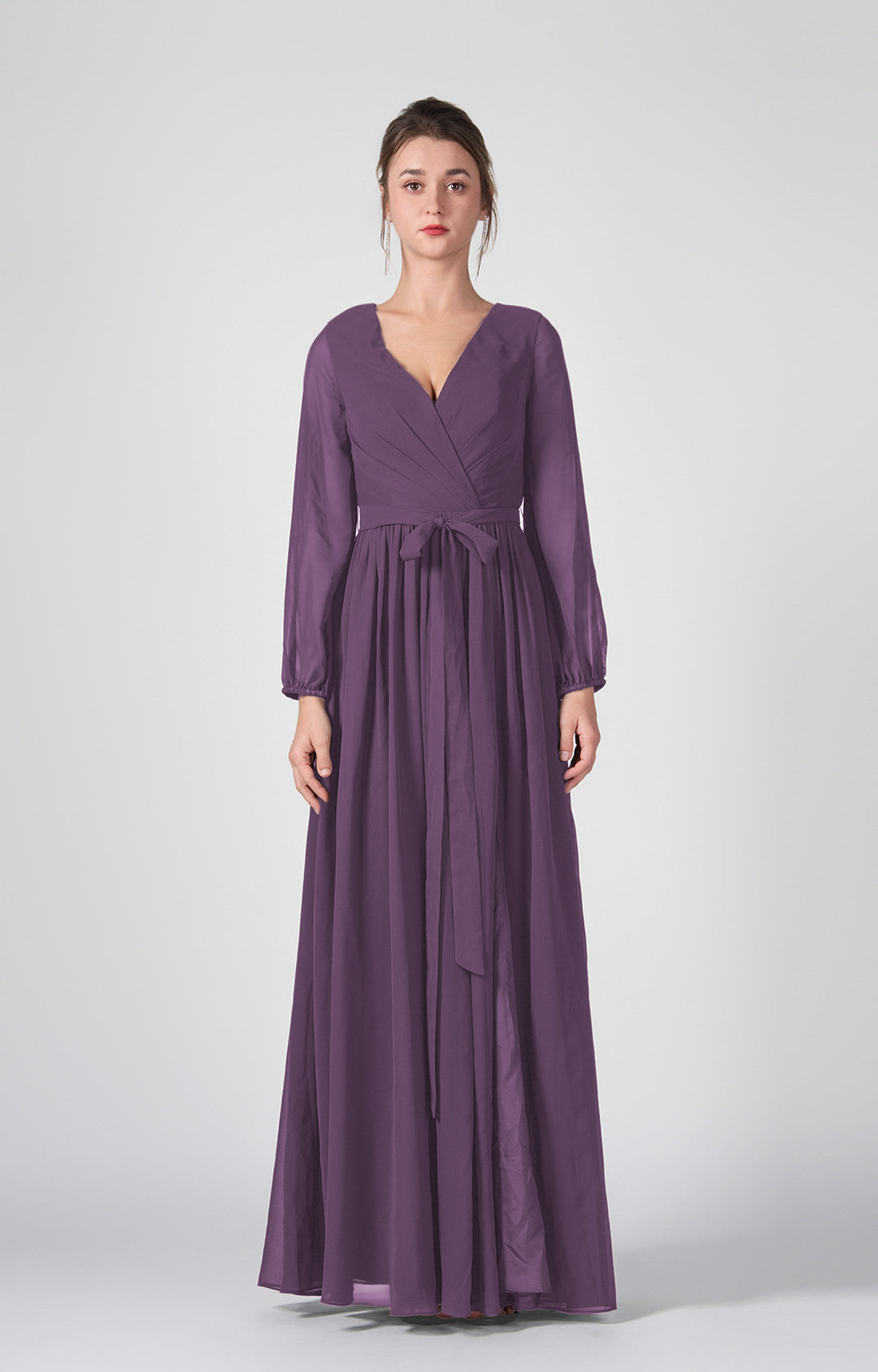 Ruched V-Neck Long Sleeve Split Maxi Dresses with Tie