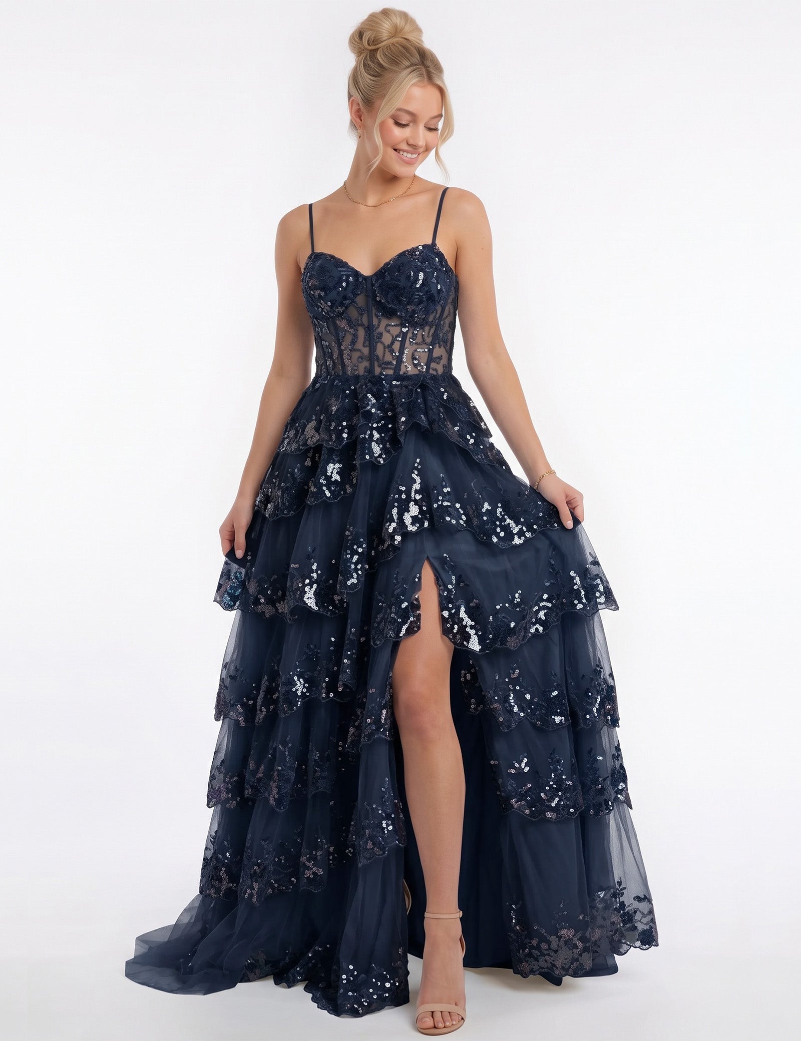 Sweetheart Spaghetti Strap Sequin Tiered Tulle Prom Dress