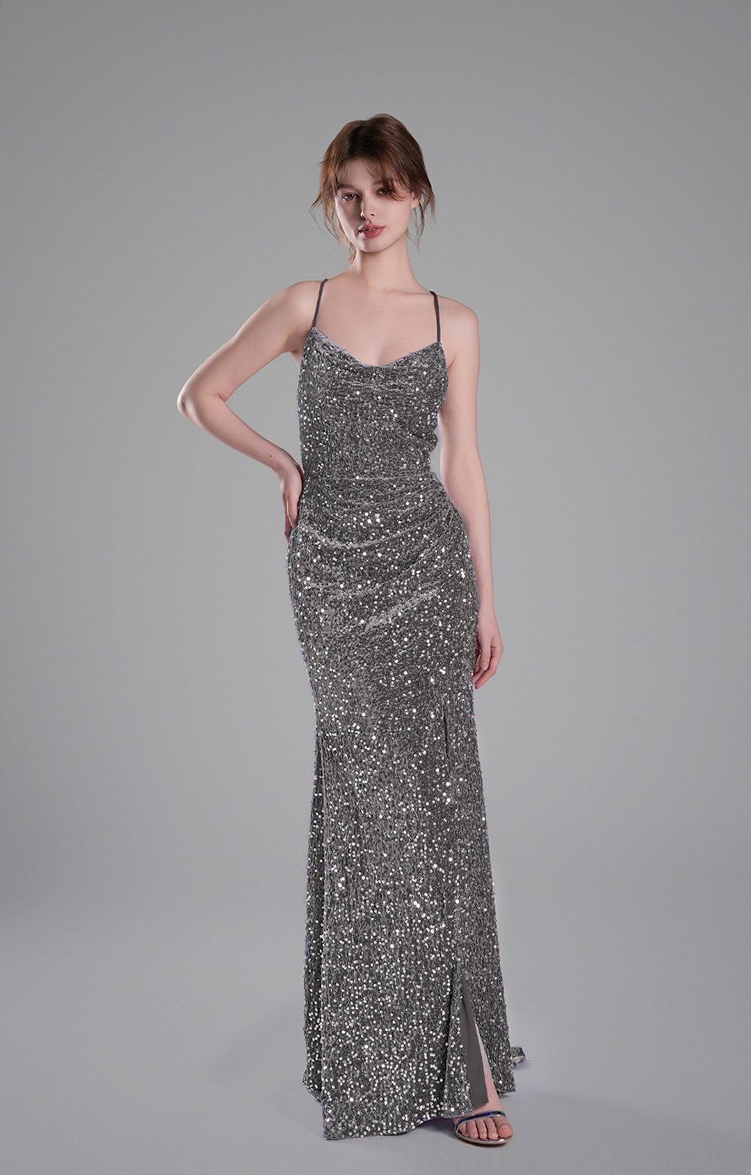 Cowl Neckline Eye-Catching Sequin Lace-Up Dresses