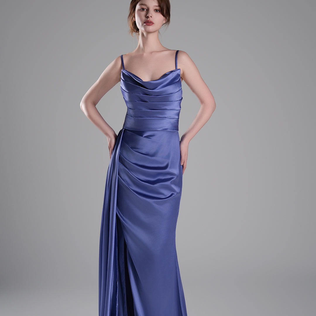 Cowl-Neck Pleated Side Slit Lace-Up Train Dresses – Alizeal