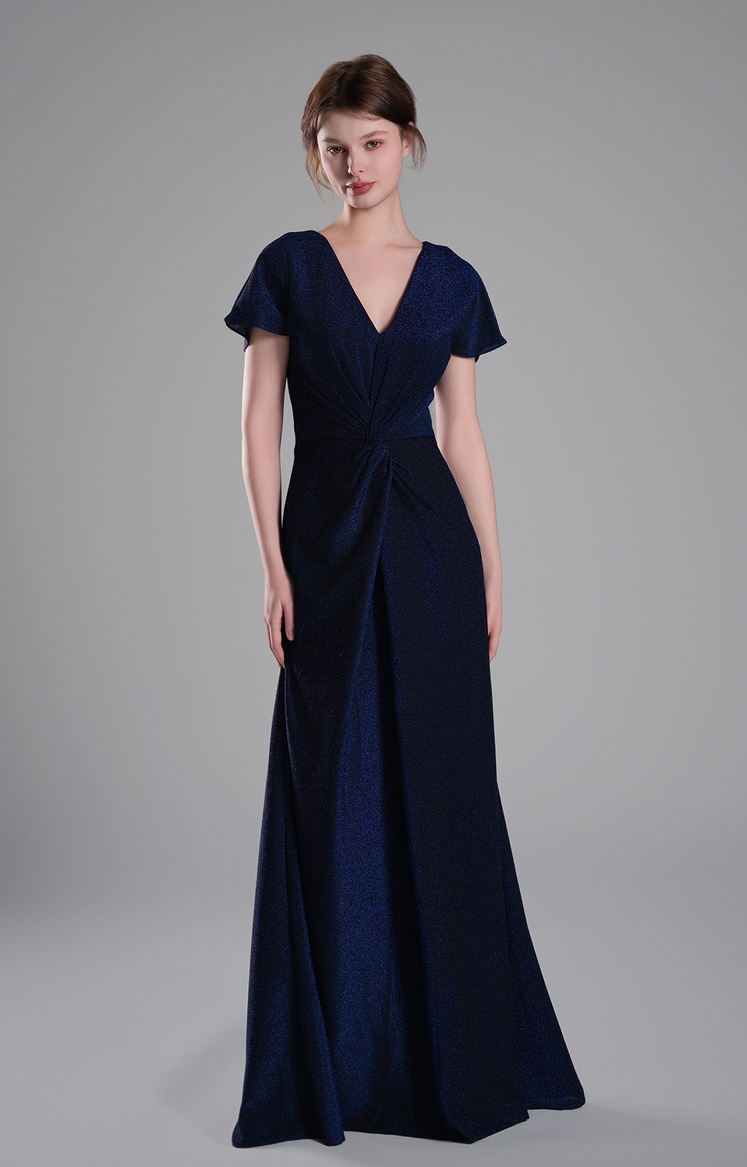 V- Neck Cap Sleeves Pleated Floor Length Dress