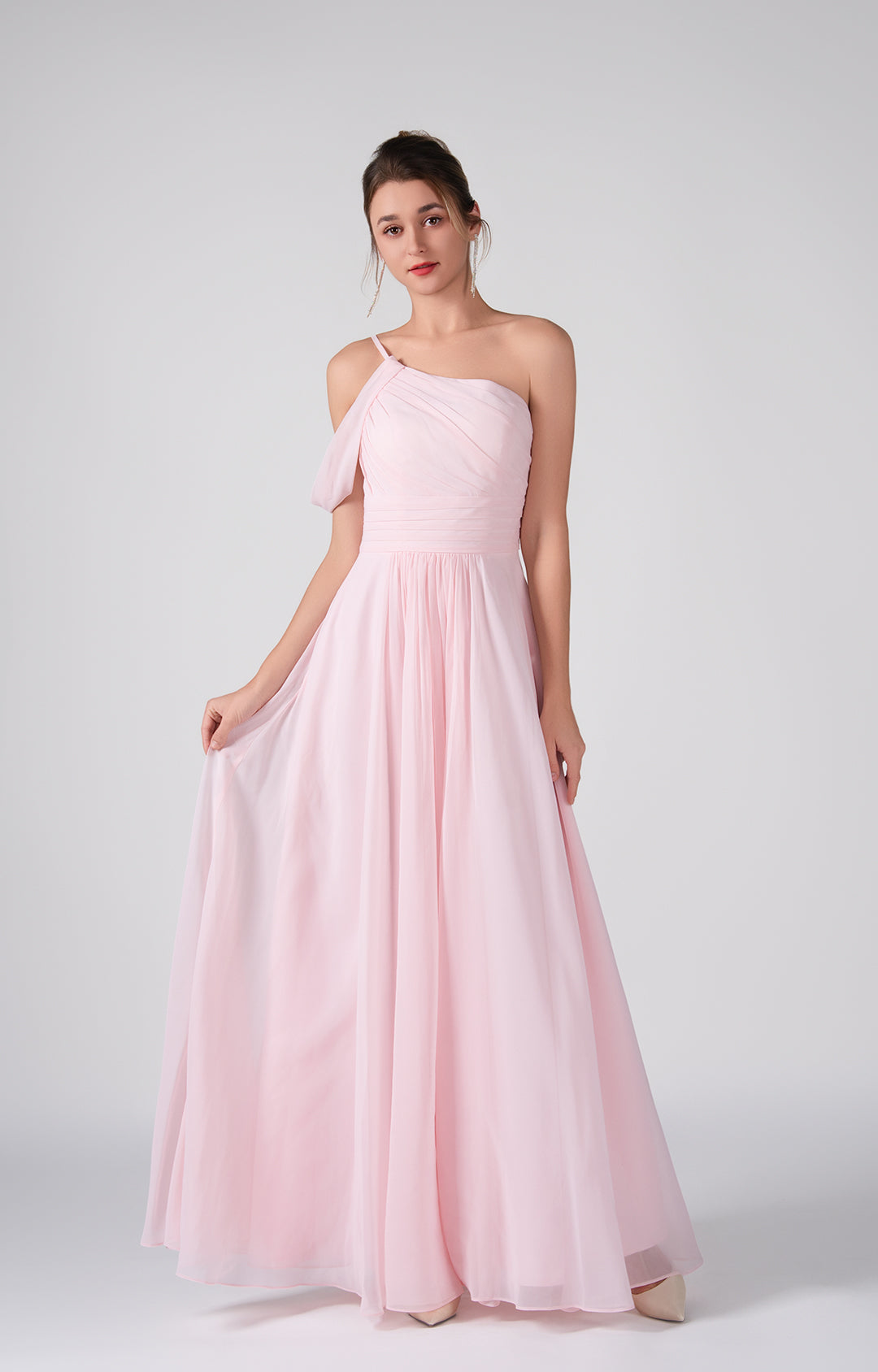 【THE MOZZ】Rosa Long One Piece One Shoulder Off Shoulder Sleeve Ruched Bodice A-Line Maxi