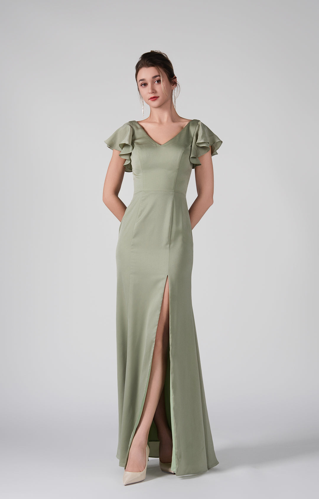 Flutter Sleeves V-Neck Fitted Front Slit Dresses Flutter Sleeves V-Neck Fitted Front Slit Dresses