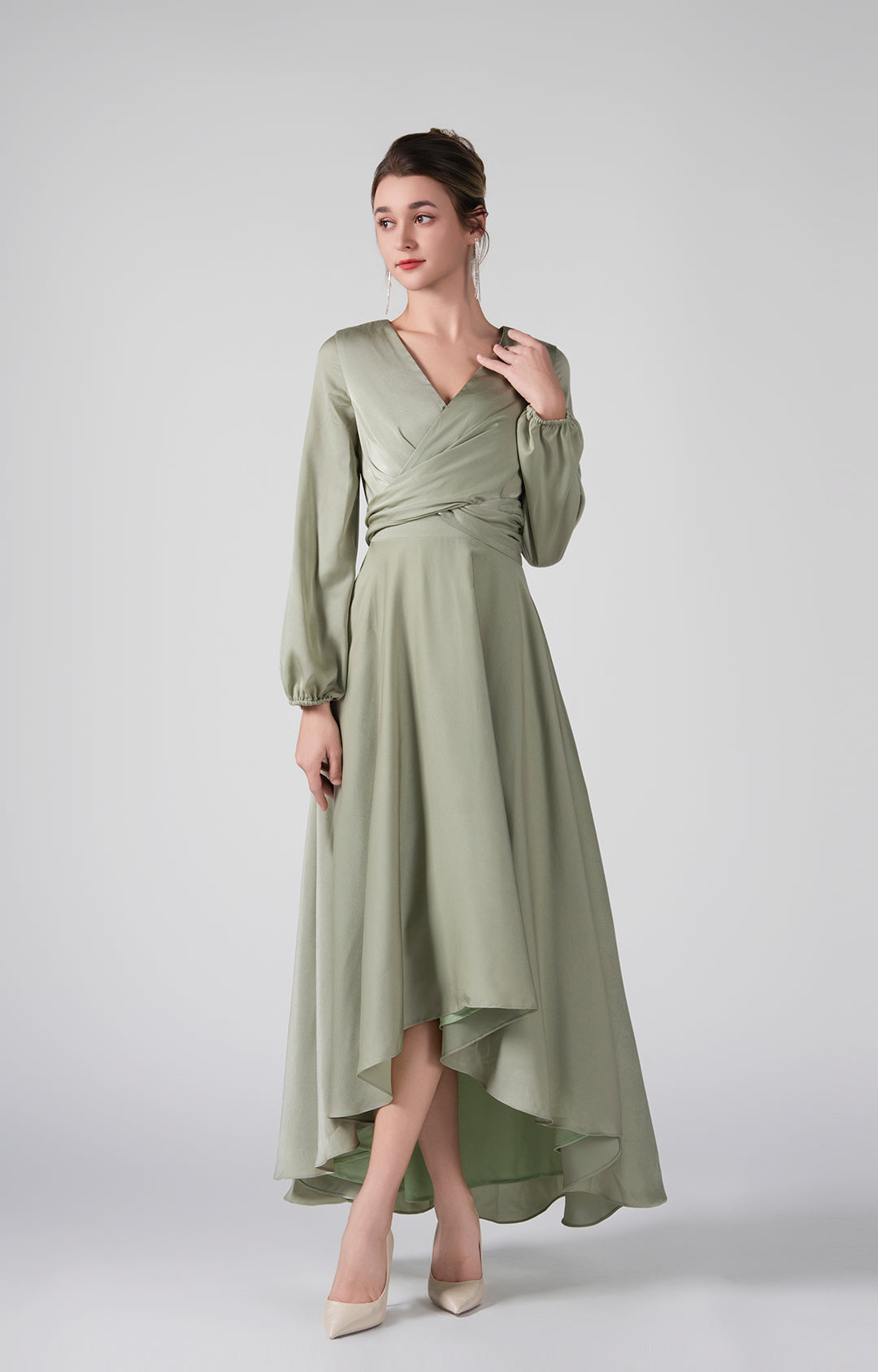 Elegant V-Neck Long Sleeves Wrapped Bodice High-Low Dresses