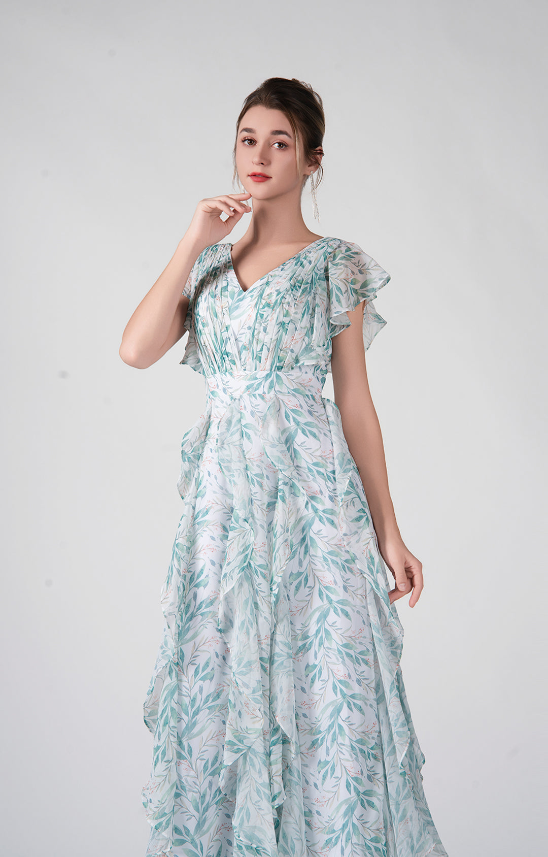 V-Neck Flutter Sleeves Ruffles Flowy Hemline Dresses