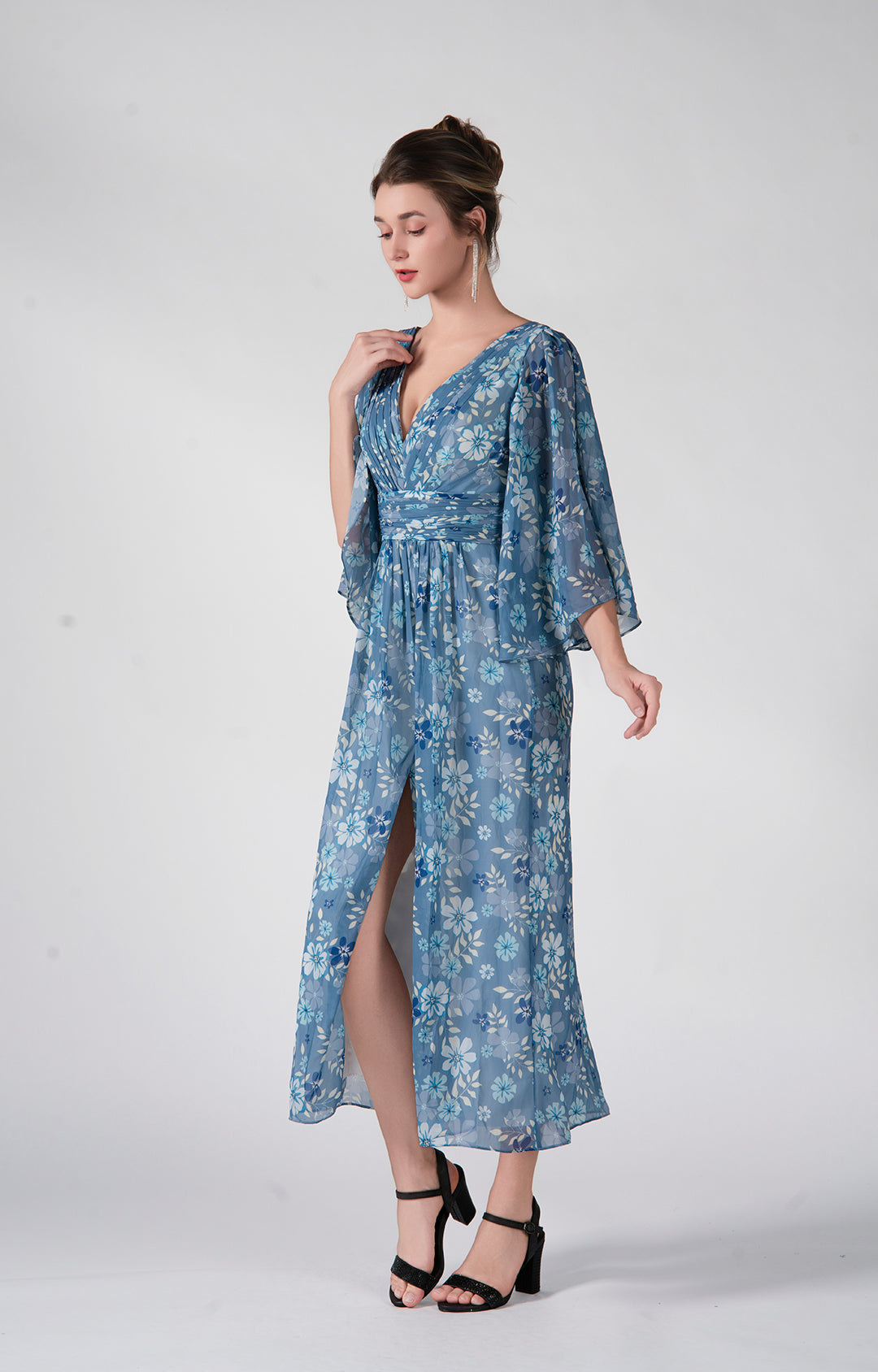 V-Neck Long Flutter Sleeves Front Split Ruffles Dresses