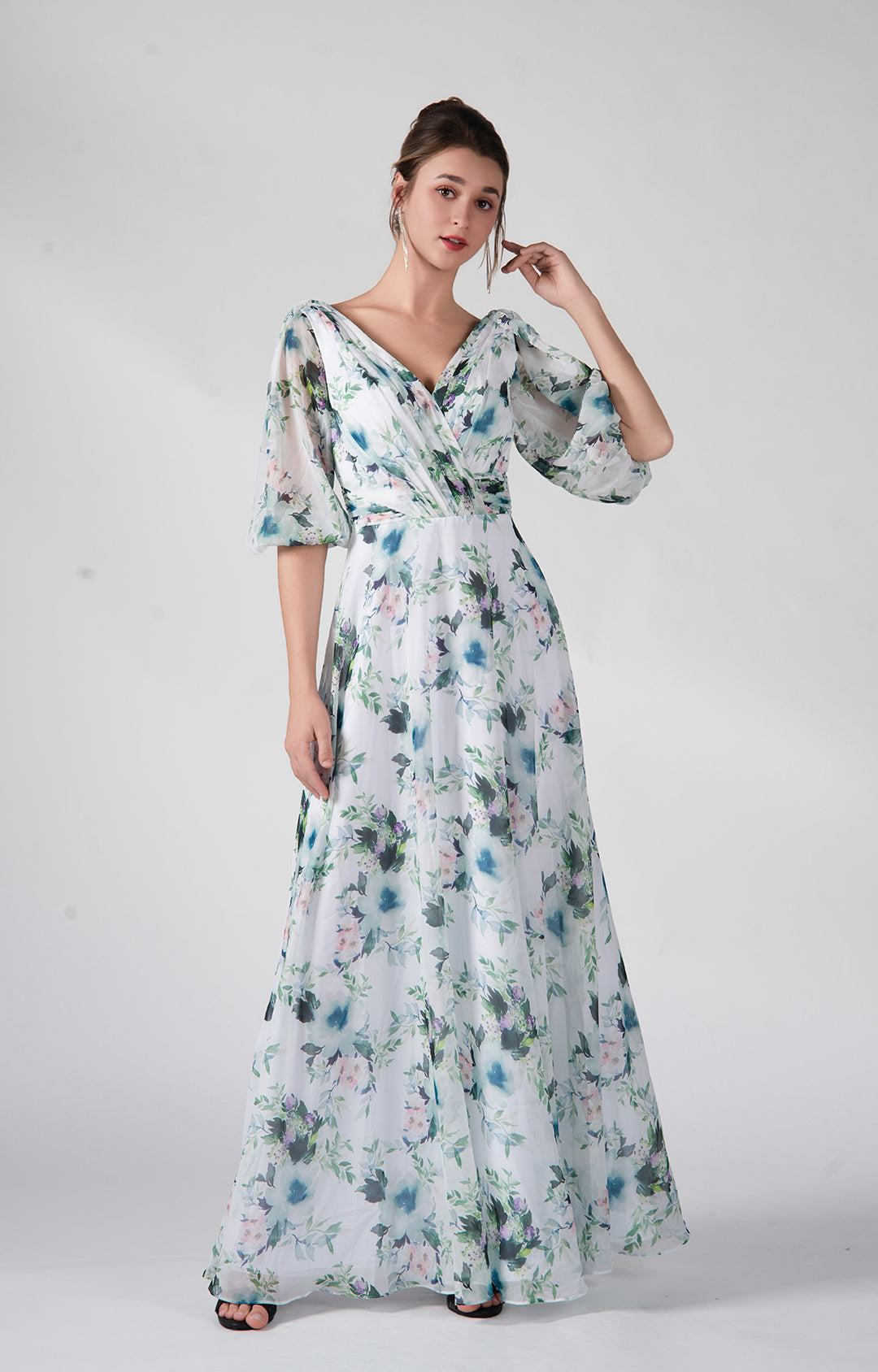 A-Line V-Neck Puffy Cut-Out Sleeves Pleats Maxi Dress