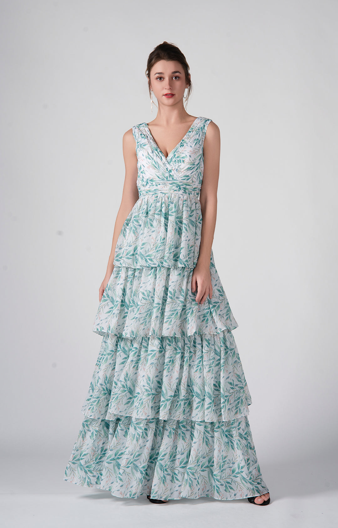【美人百花掲載】 美品V NECK FLARE TIERED DRESS V-Neck Wide Shoulder Straps A-Line Tiered Ruffle Maxi Dress