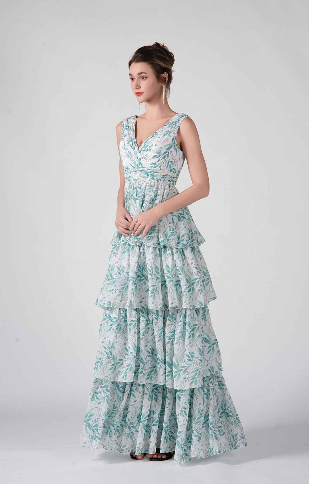 French Ruffle Tie Waist Dress V-Neck Long Sleeve A-Line