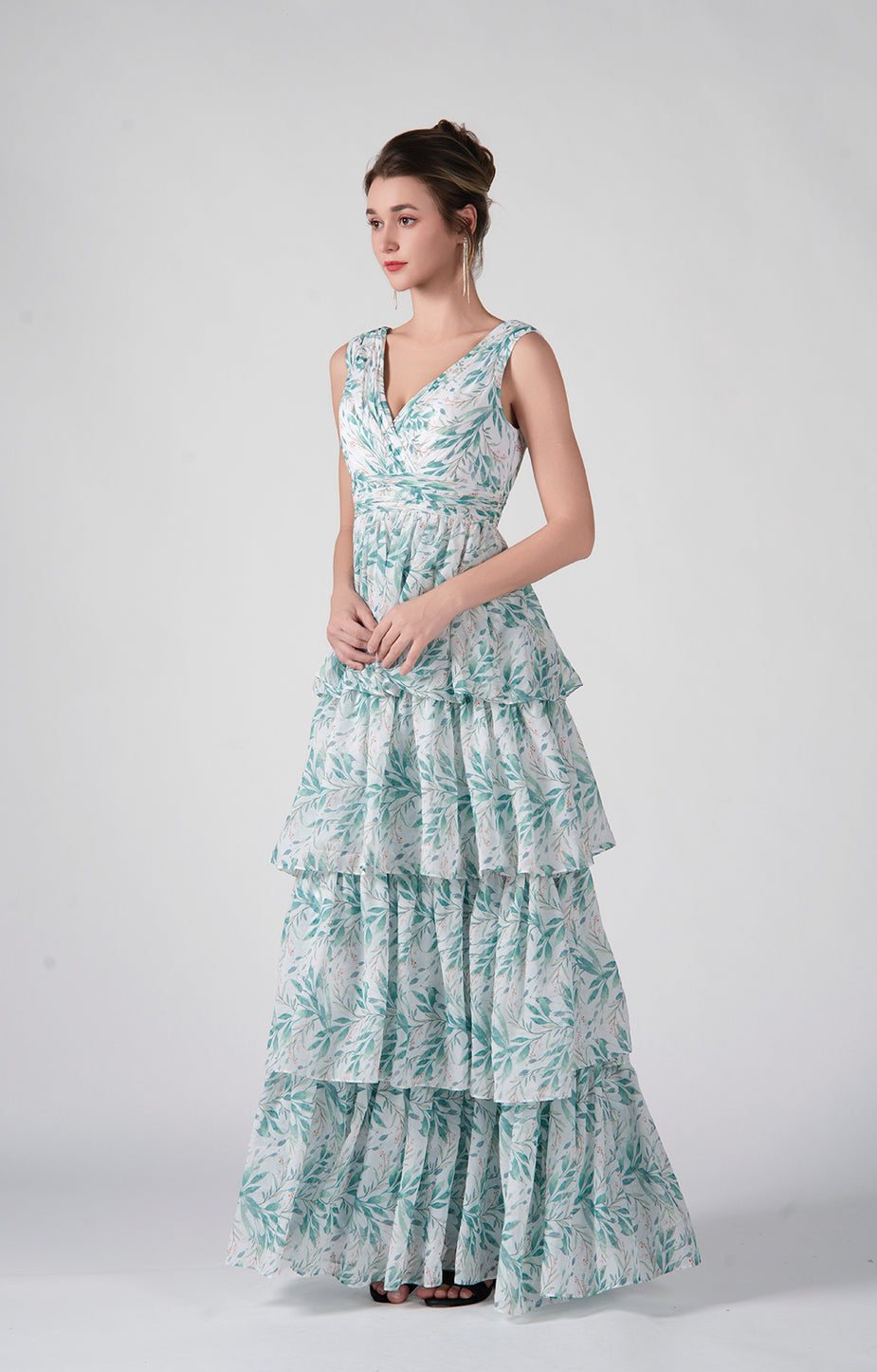 V-neck Pleated A-Line Tiered Ruffles Long Dress Teal