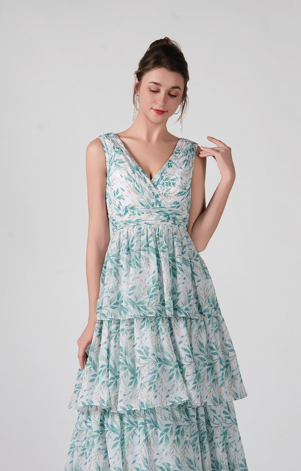 Long Sleeve V-Neck Plain Ruffle Tiered Lace Maxi A-Line Dress main image 0