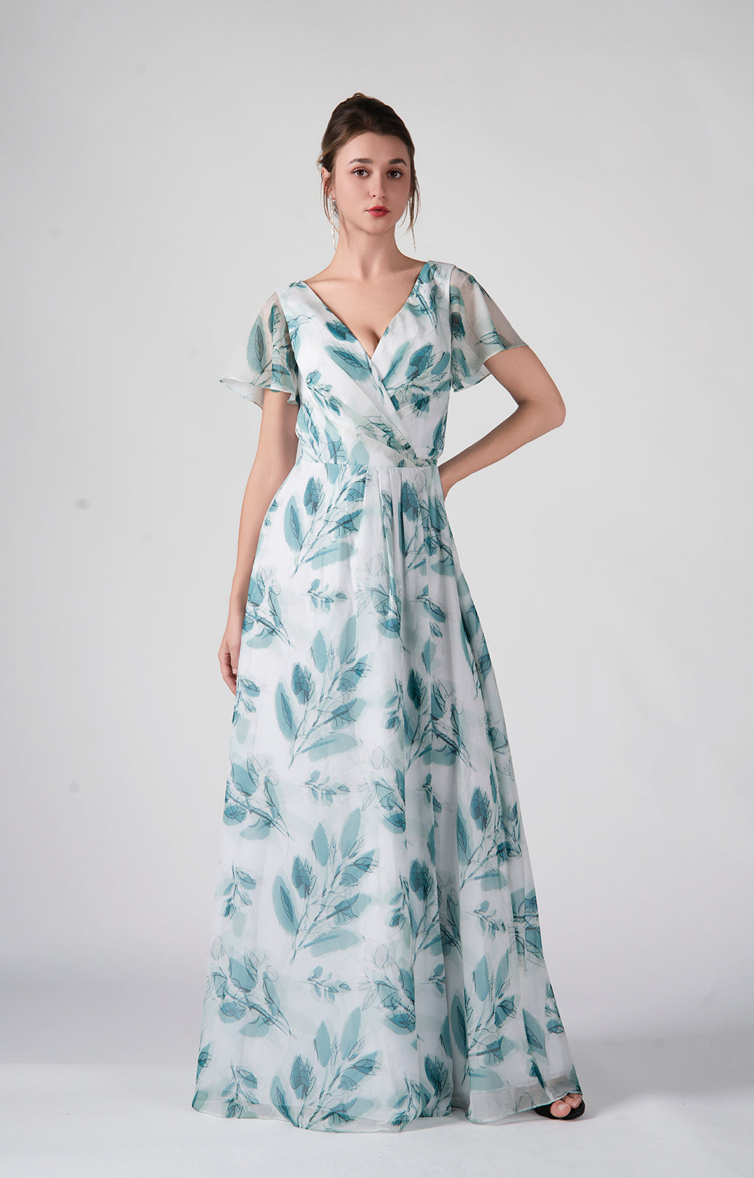 V-Neck Short Sleeves A-Line Back Lace -Up Maxi Dresses