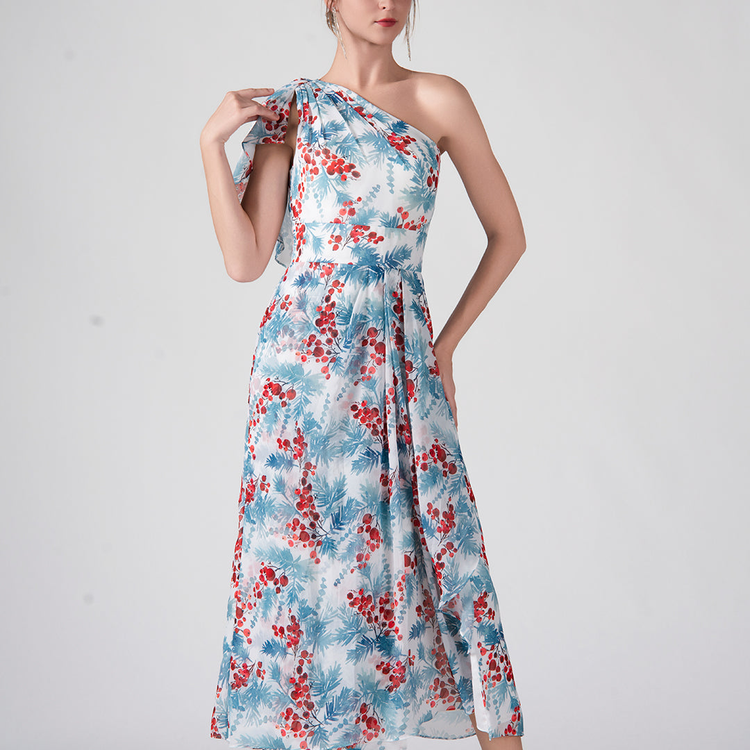 One Shoulder Ruffles Flowy Pleated Midi Dress One Shoulder Ruffles Flowy Pleated Midi Dress