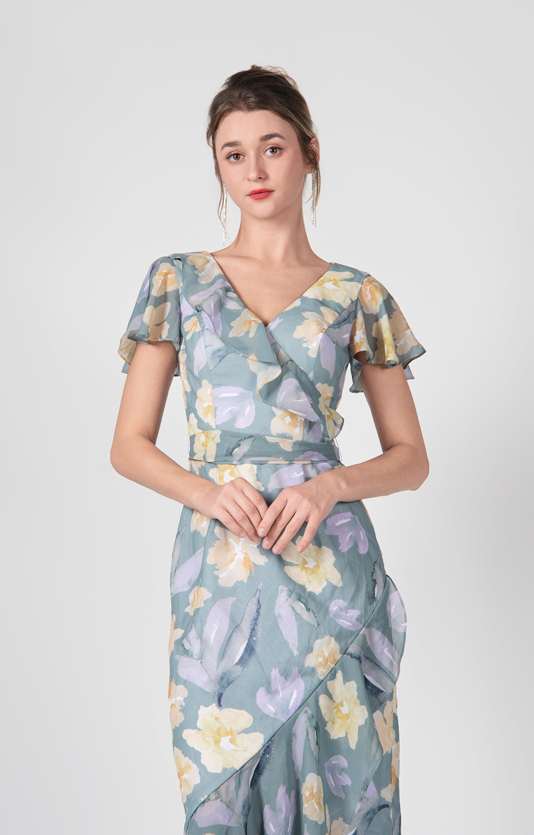 Chic V-Neck Flutter Sleeves Asymmetric Hem Maxi Dress