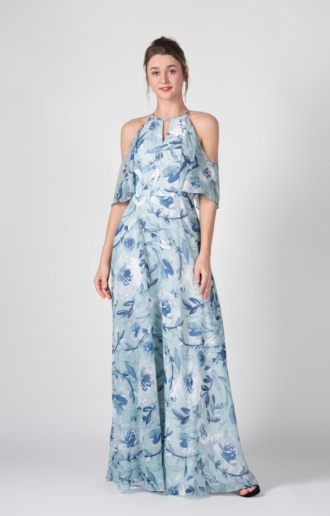 Halter Drop Shoulder A-Line Flowy Hemline Chiffon Dresses