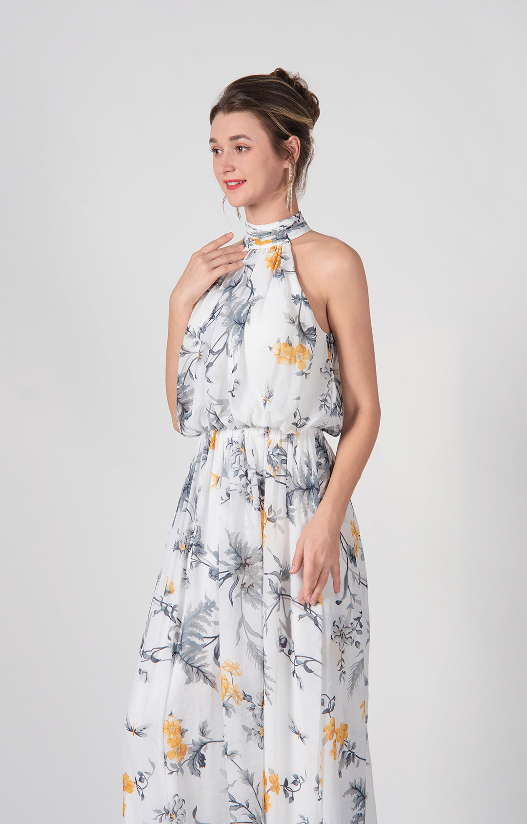 High Halter A-Line Pleated Flowy Hemline Maxi Dress