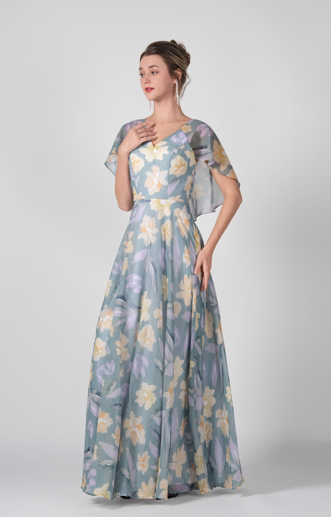 Cape Sleeves A-Line V-Neck Chiffon Maxi Dress