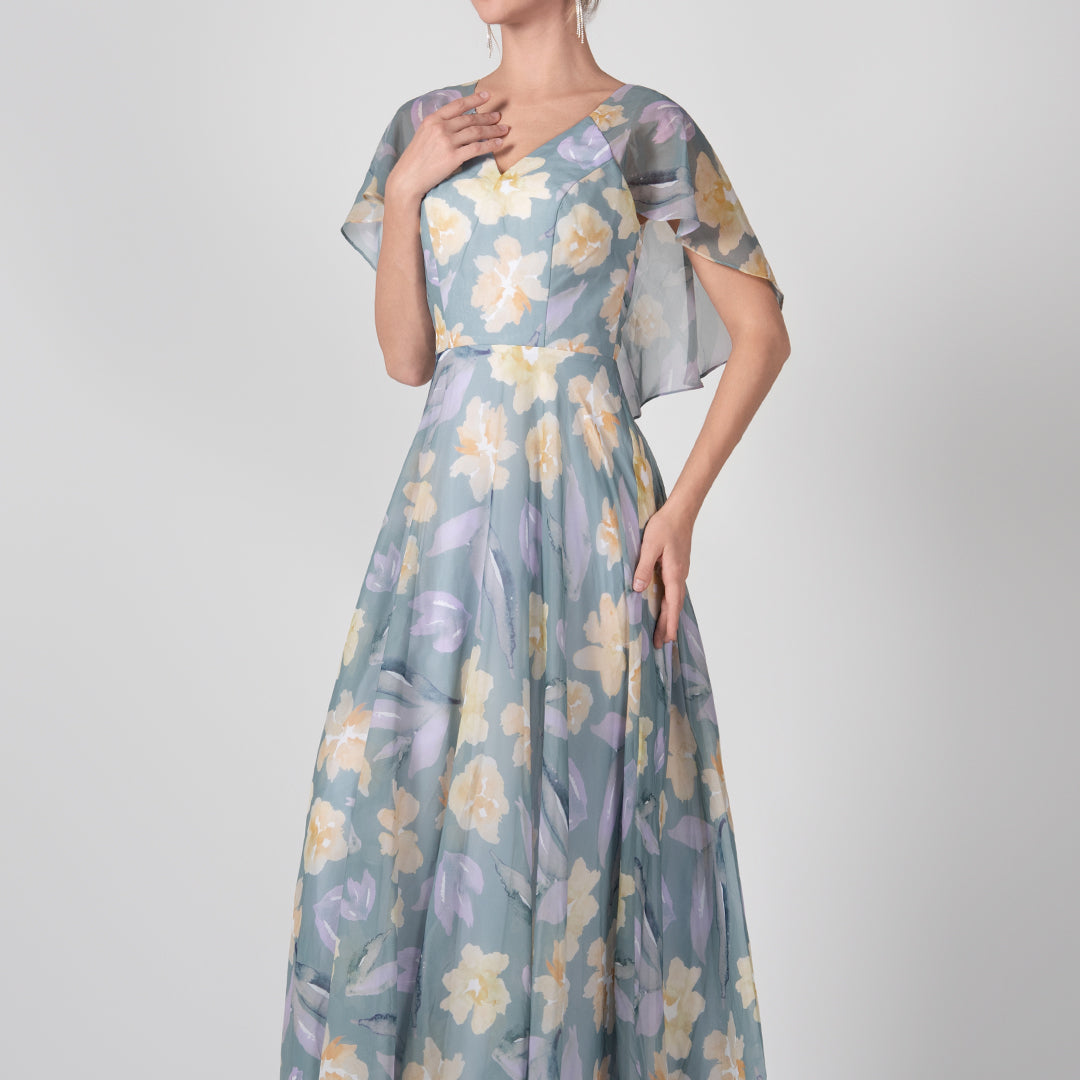 Cape Sleeves A-Line V-Neck Chiffon Maxi Dress