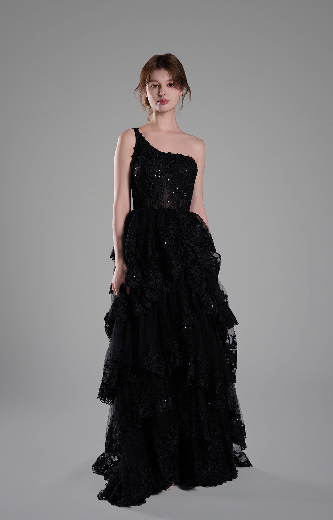 One-Shoulder Appliqued Lace Embroidery Split Puffy Dress