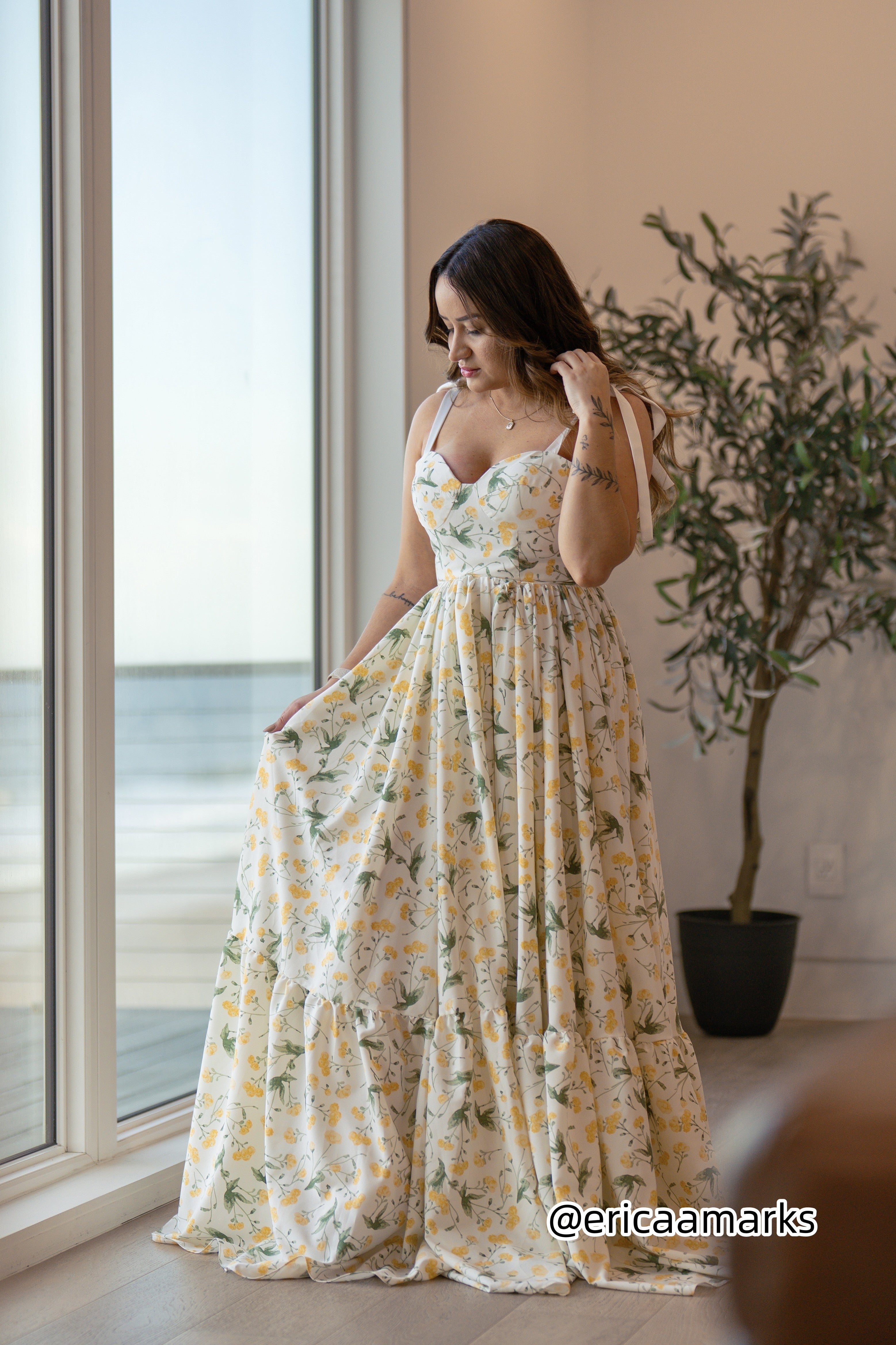 Wide Tie Sweetheart Neck Floral High Waist Patchwork A-Line Dress