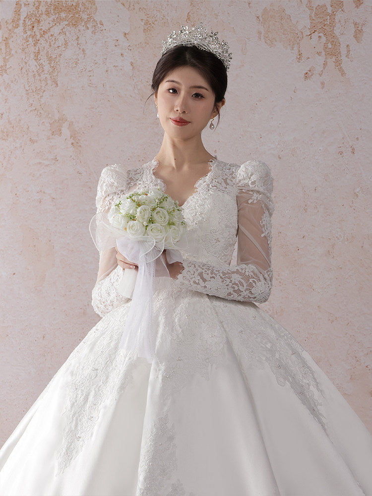 Sheer Long Sleeves Appliqué Mesh Back Ball Gown Wedding Dress