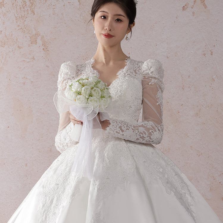 mesh long sleeve wedding dress Bestseller Ivory Wrap lace wedding dress with chiffon mesh sleeves #1352