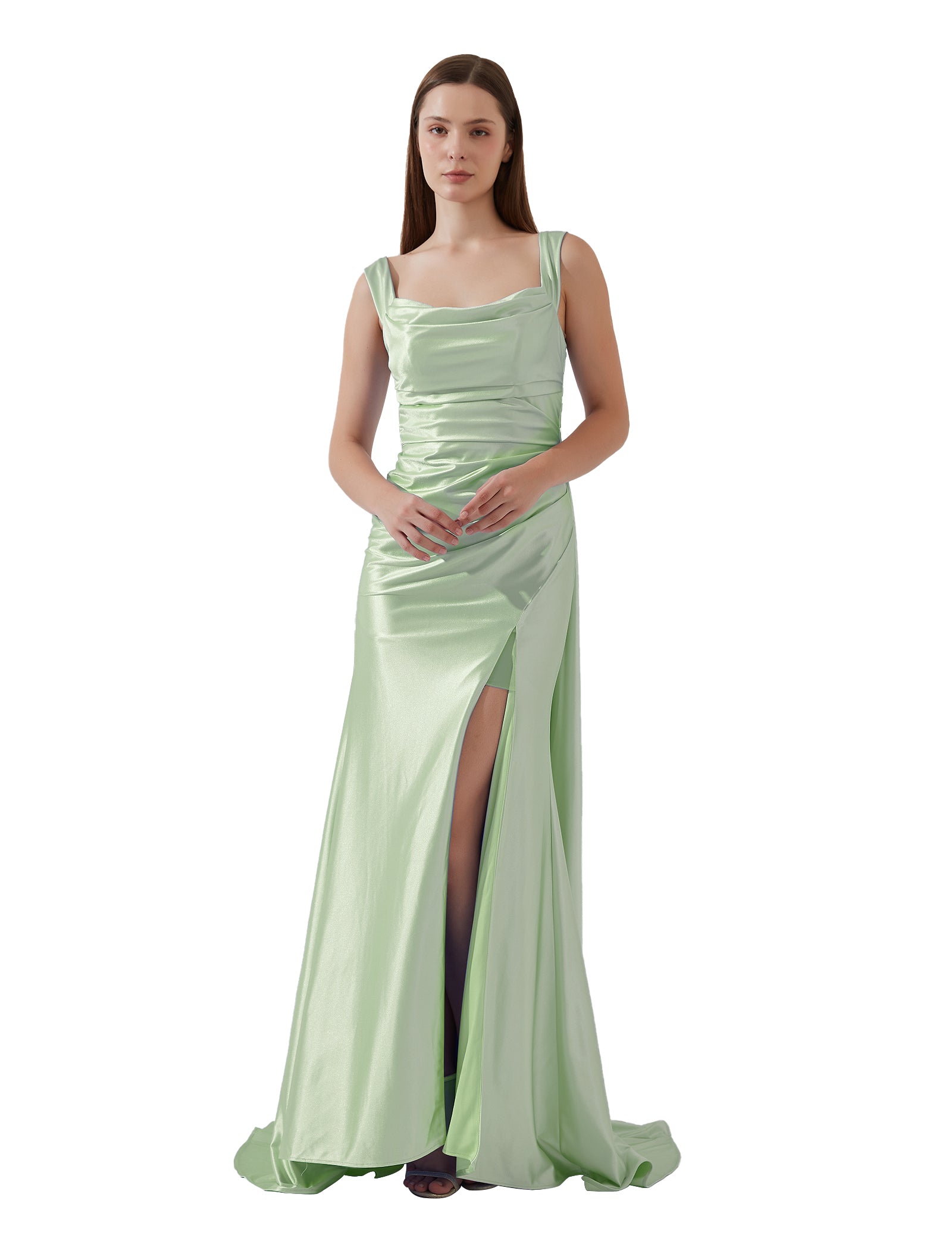 Sleeveless Pleated Satin High Split Sweep Train Bridesmaid Evening Dre Alizeal Sleeveless Pleated Satin High Split Sweep Train Bridesmaid Evening Dre Alizeal