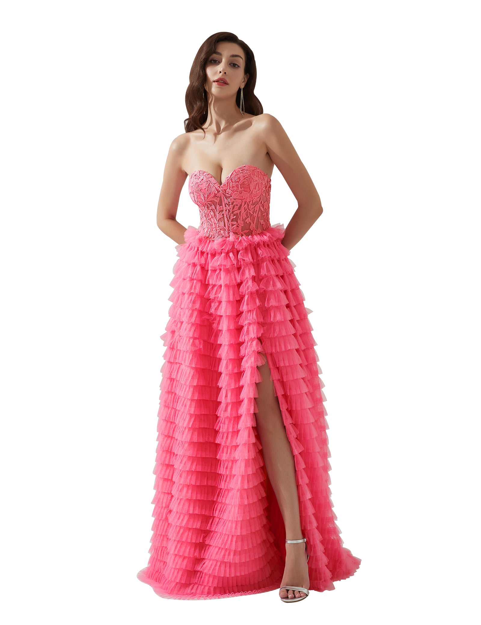 Strapless Lace Bodice Split Tulle Tiered Floor Length Dress