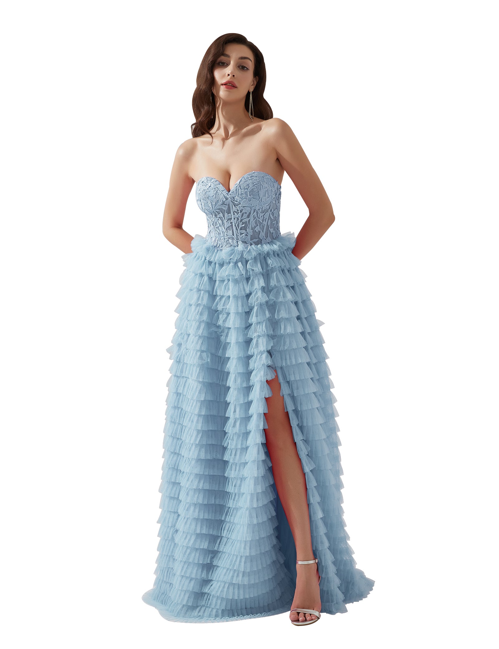 Strapless Lace Bodice Split Tulle Tiered Floor Length Dress