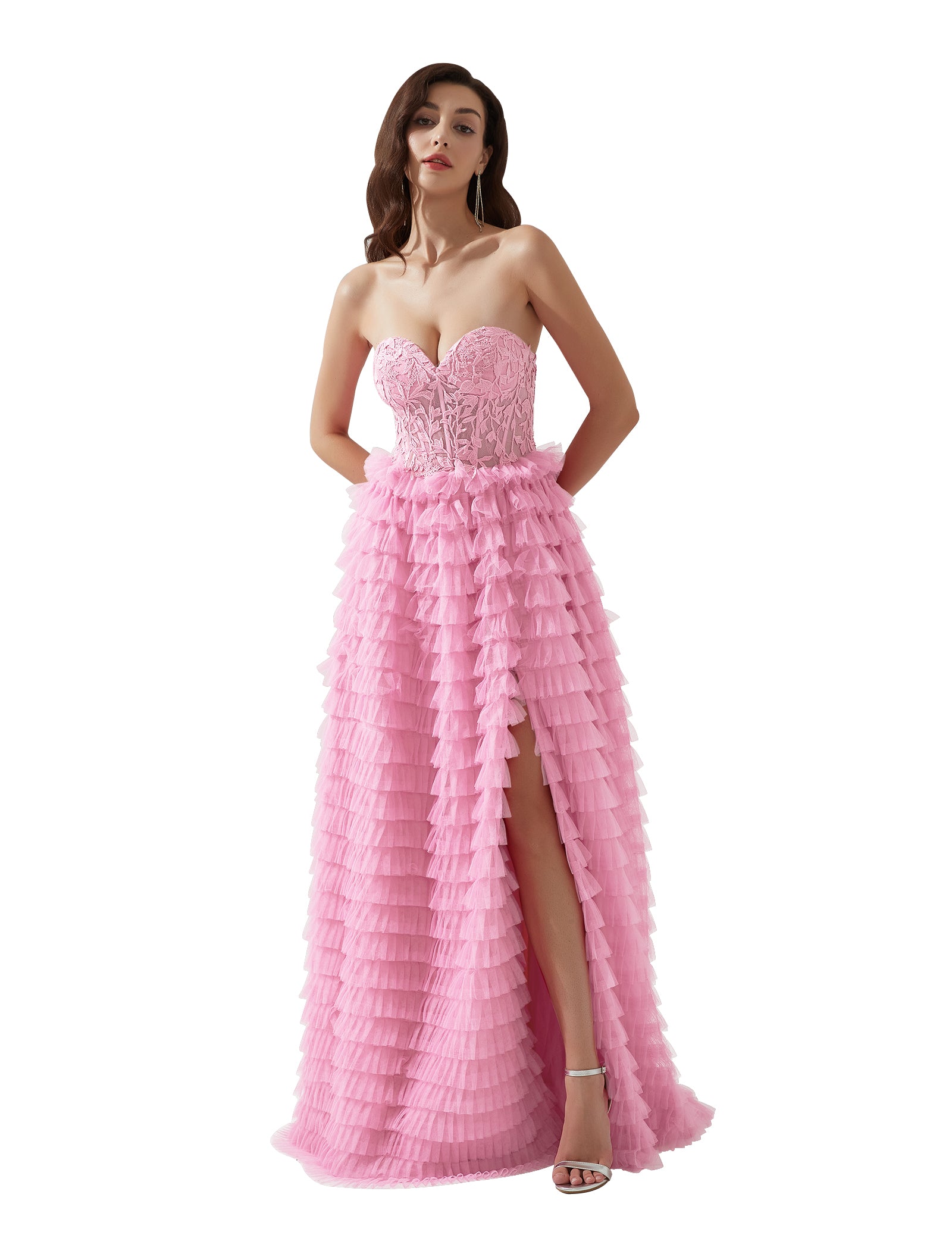 Strapless Lace Bodice Split Tulle Tiered Floor Length Dress