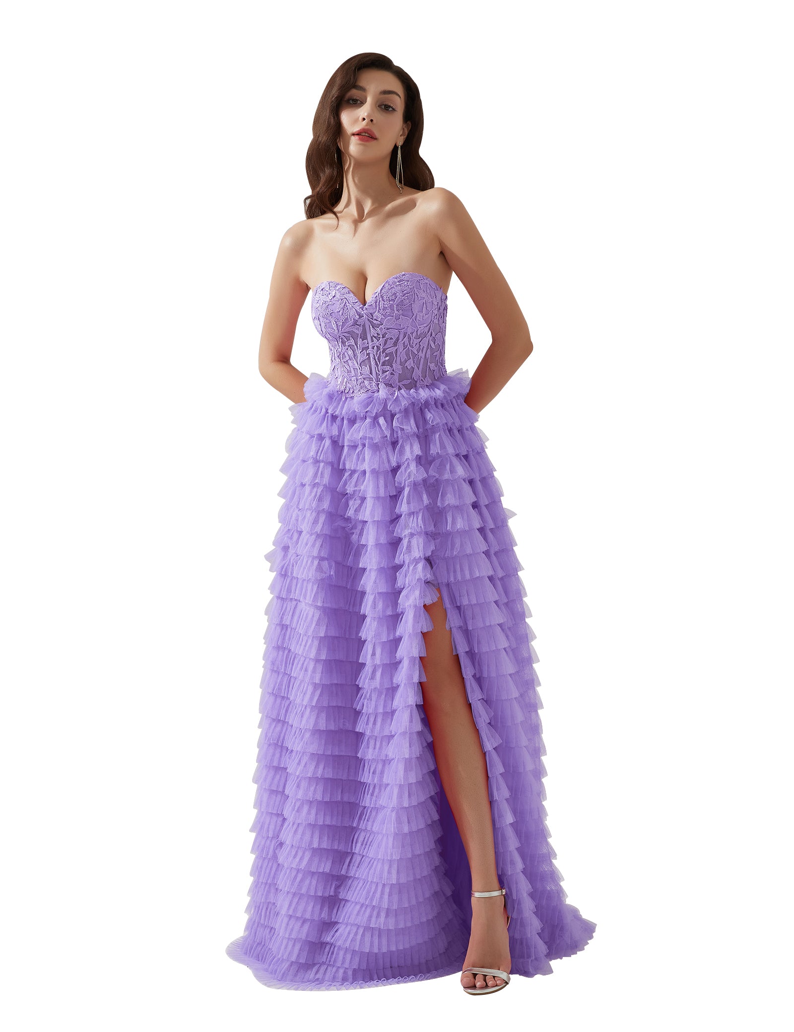 Strapless Lace Bodice Split Tulle Tiered Floor Length Dress