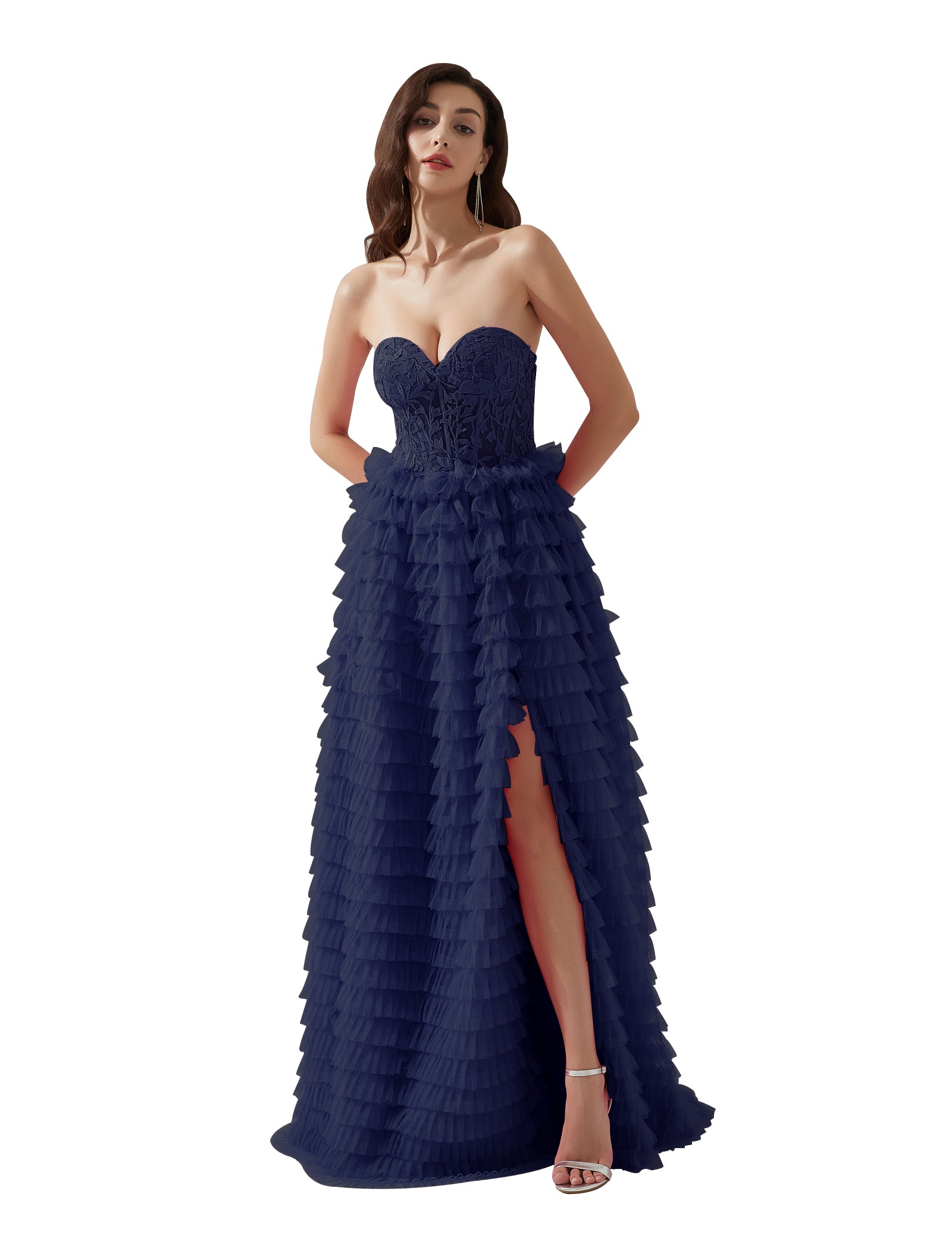 Strapless Lace Bodice Split Tulle Tiered Floor Length Dress