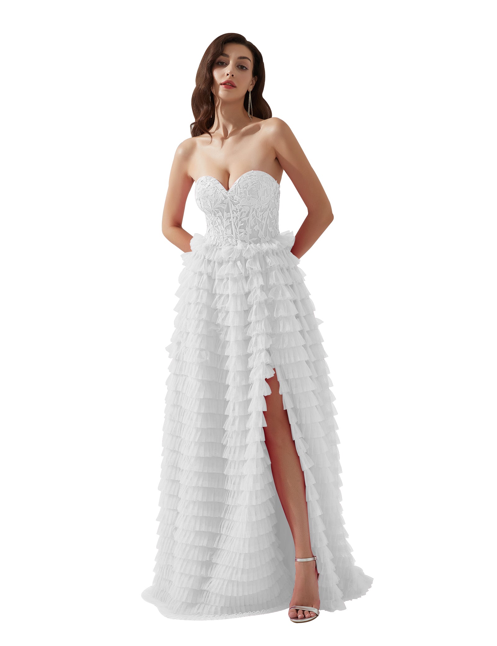 Strapless Lace Bodice Split Tulle Tiered Floor Length Dress