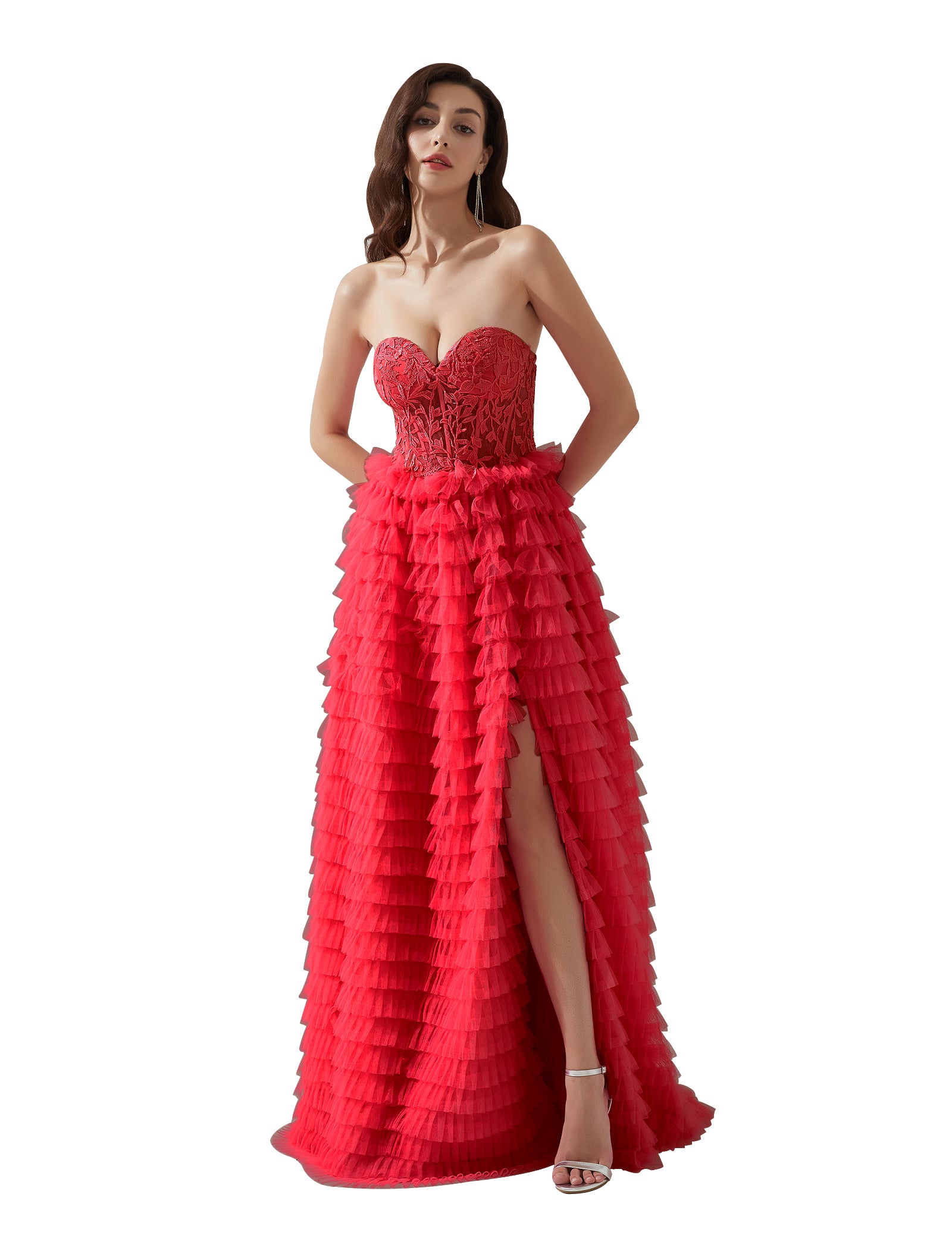 Strapless Lace Bodice Split Tulle Tiered Floor Length Dress