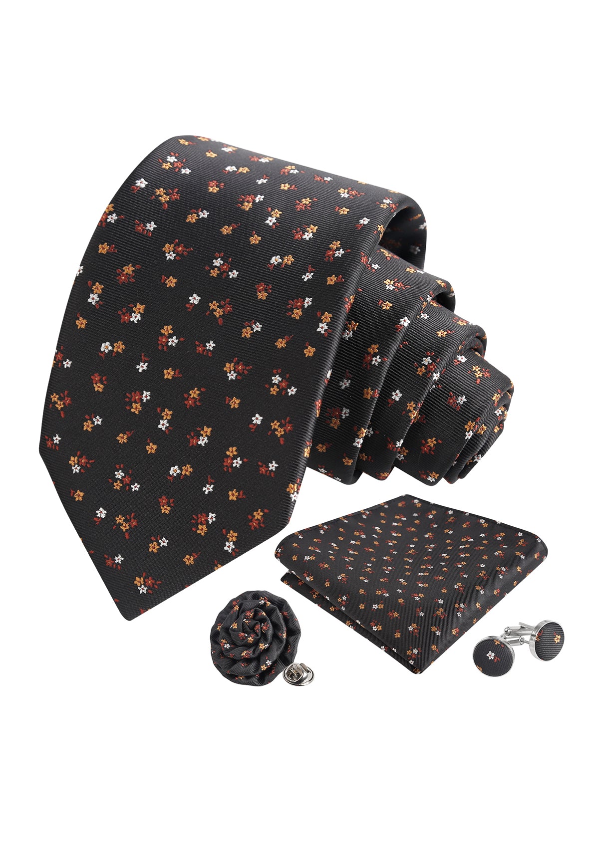 Mens 4pcs Ditsy Floral Pattern Necktie, Pocket Square, Cufflinks and Boutonniere Set-958