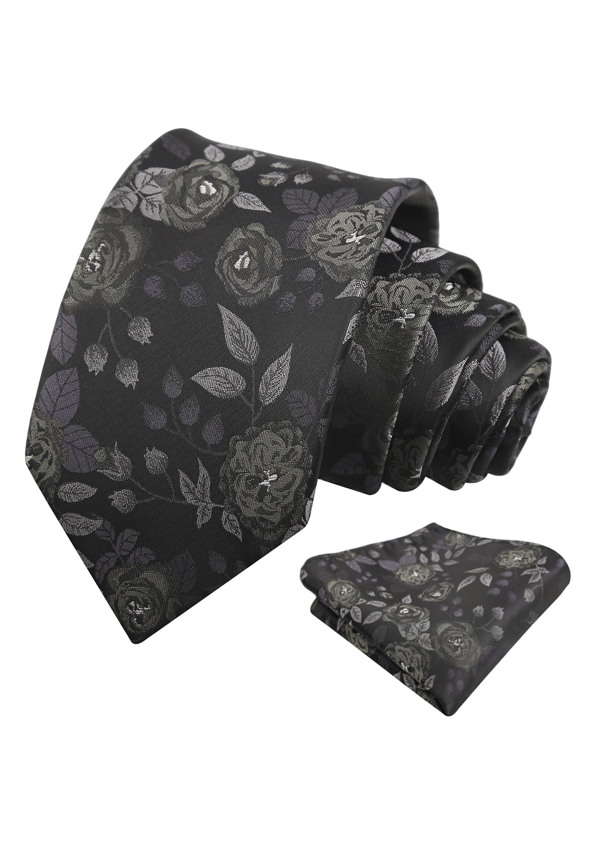 Mens 3.15'' Classic Rose and Foliage Pattern Necktie with Pocket Square for Wedding-948
