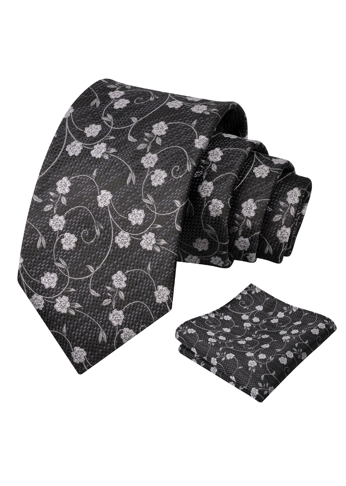 Mens Floral Tie Set 3.15 Inch with Textured Vine Pattern and Pocket Square-931
