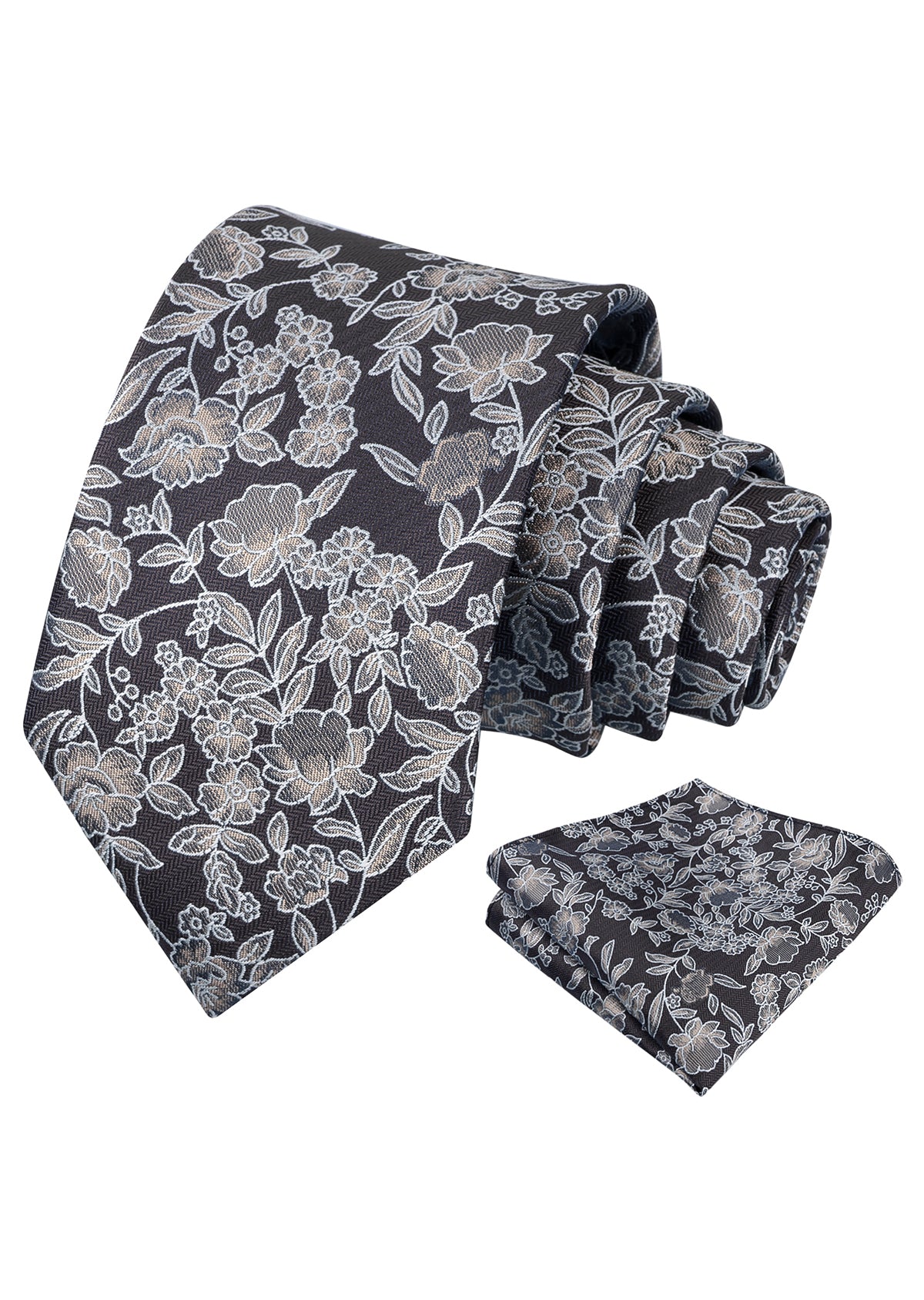 Mens 3.15" Retro Elegant Ink and Wash Floral Necktie with Pocket Square for Wedding-956