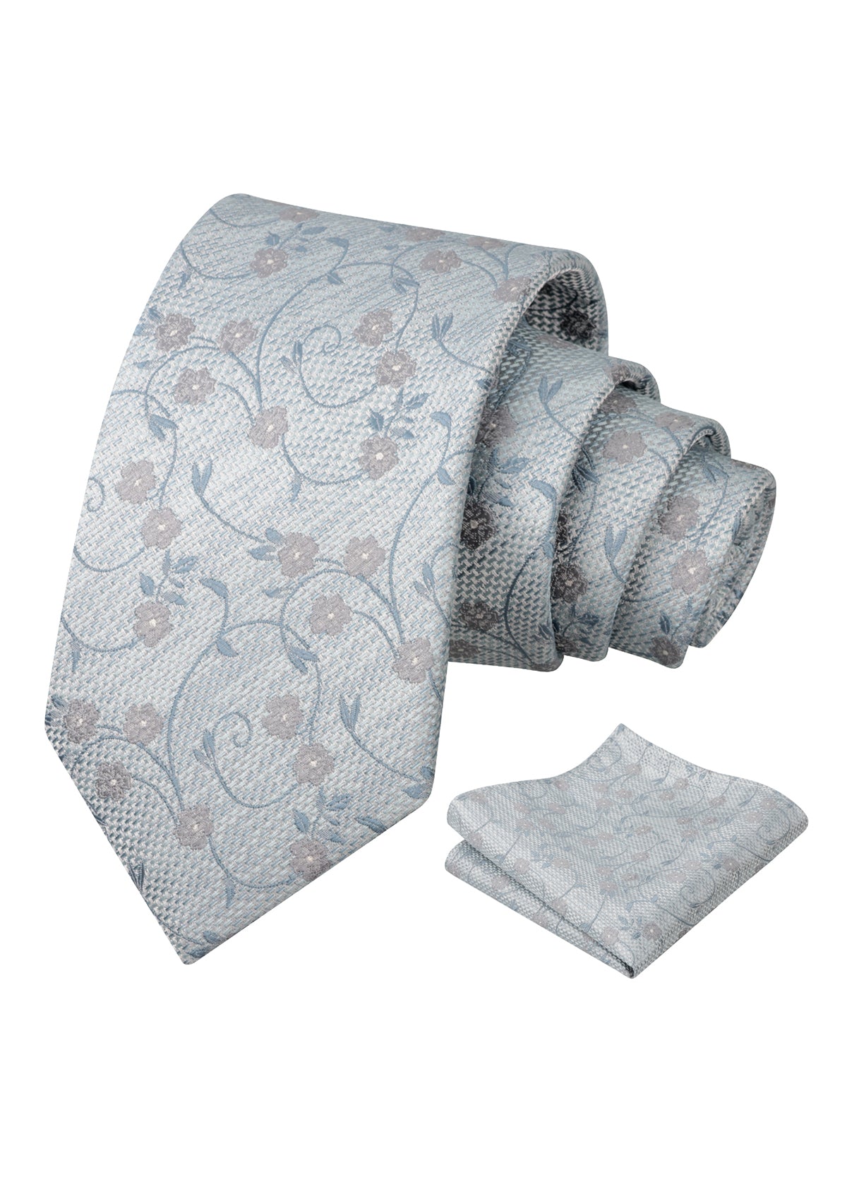 Mens Floral Tie Set 3.15 Inch with Textured Vine Pattern and Pocket Square-931