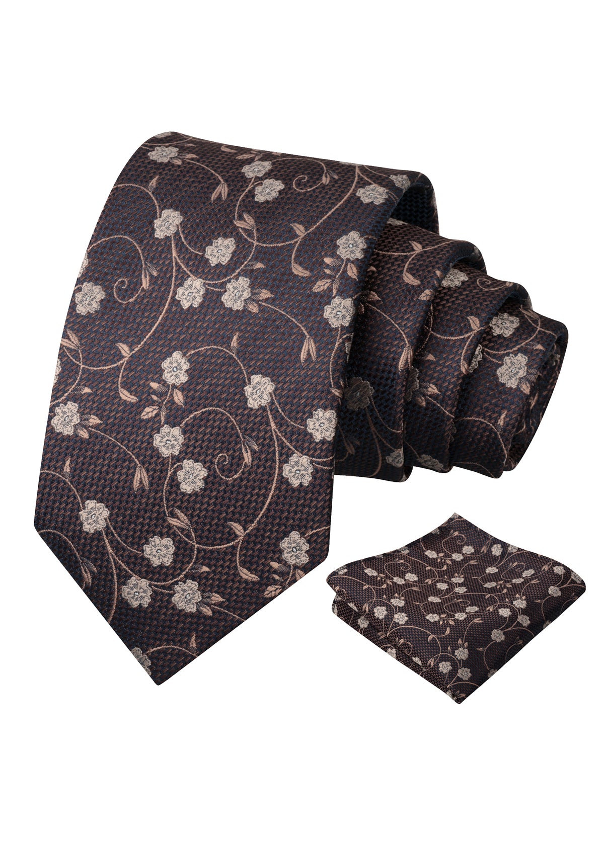 Mens Floral Tie Set 3.15 Inch with Textured Vine Pattern and Pocket Square-931
