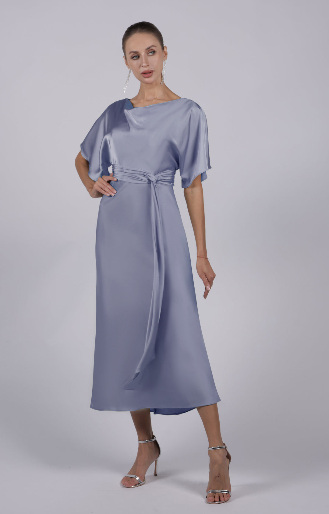 Round Neck Half Sleeves Long Belt Midi Bridesmaid Dress
