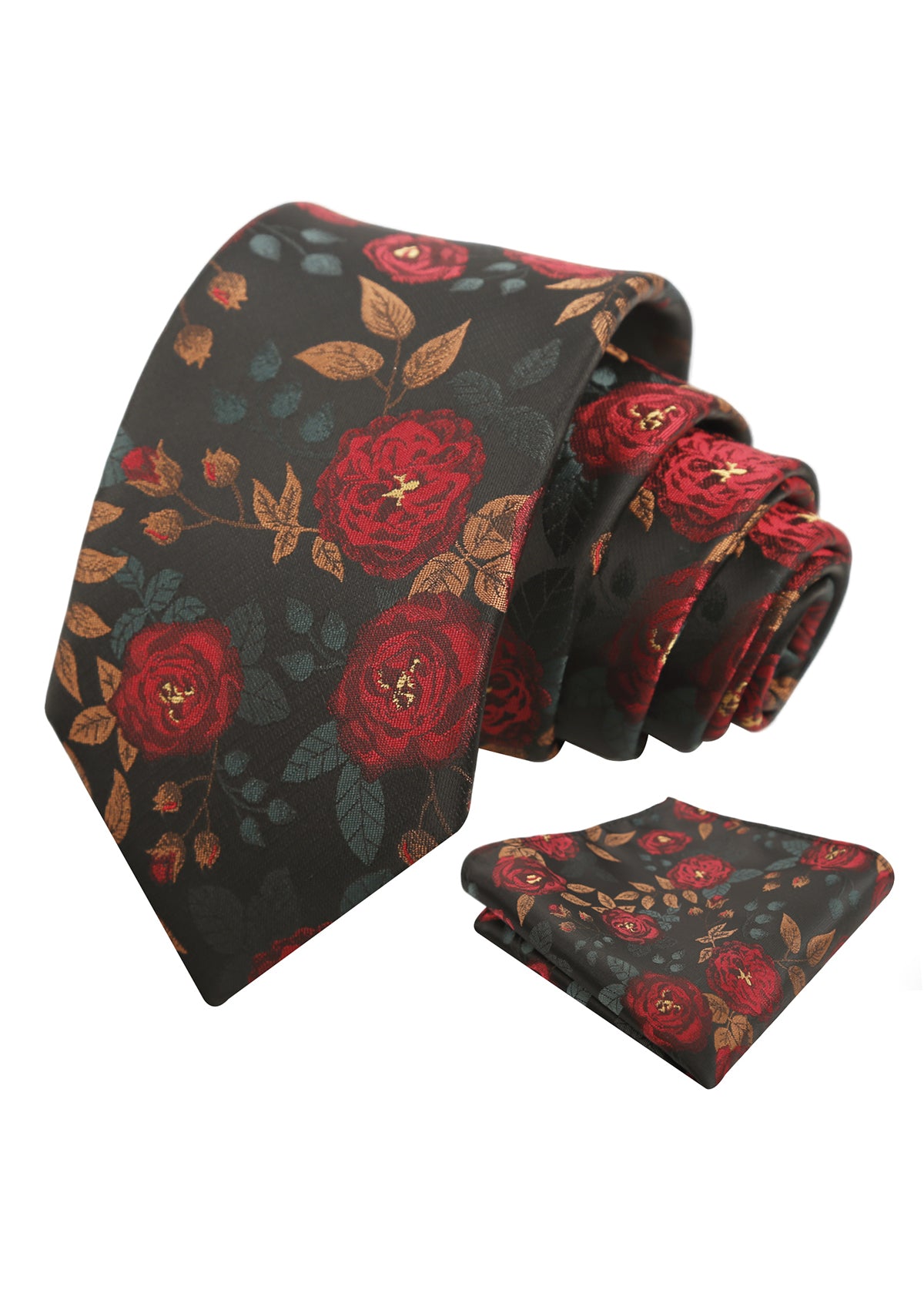 Mens 3.15'' Classic Rose and Foliage Pattern Necktie with Pocket Square for Wedding-948