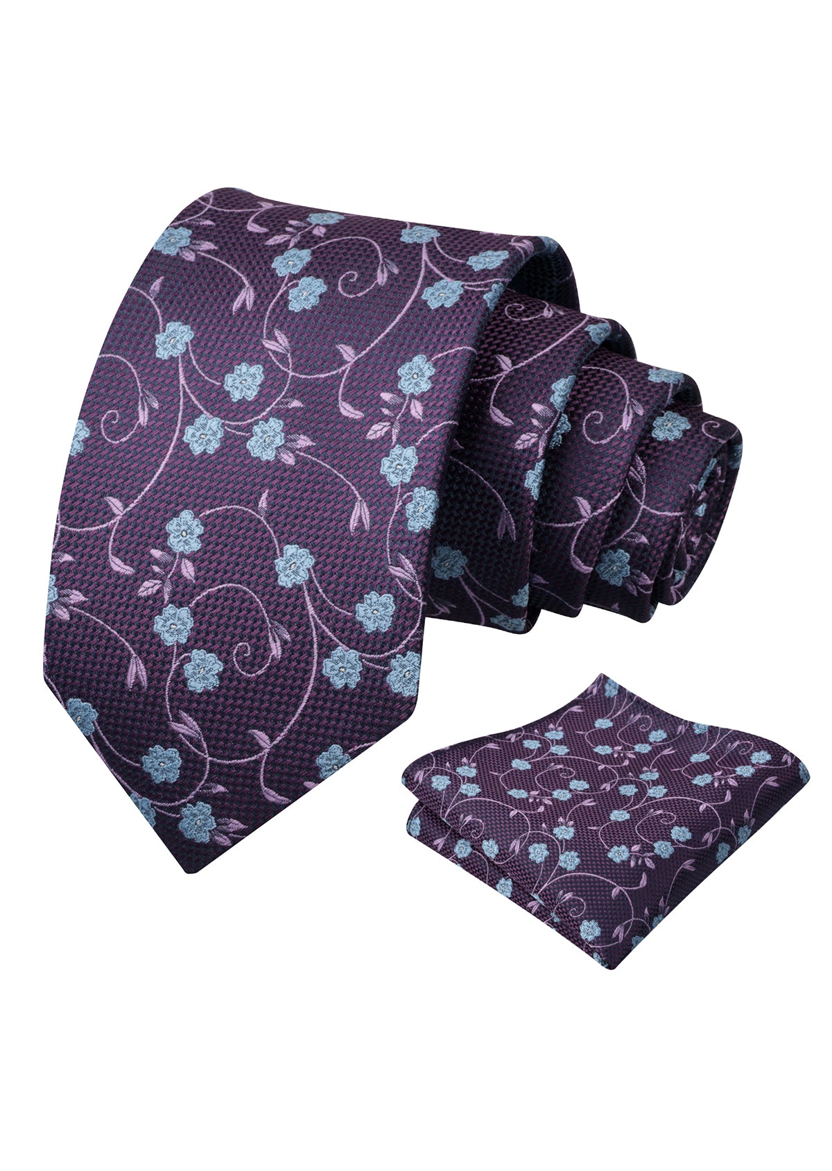 Mens Floral Tie Set 3.15 Inch with Textured Vine Pattern and Pocket Square-931
