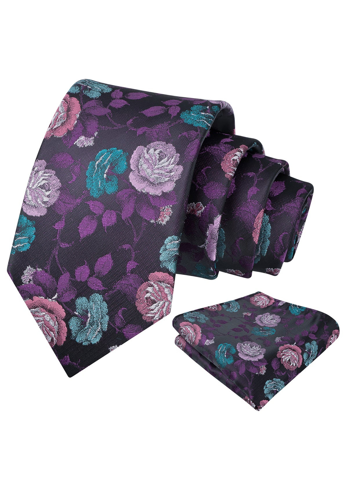 Mens 3.15'' Classic Rose and Foliage Pattern Necktie with Pocket Square for Wedding-947