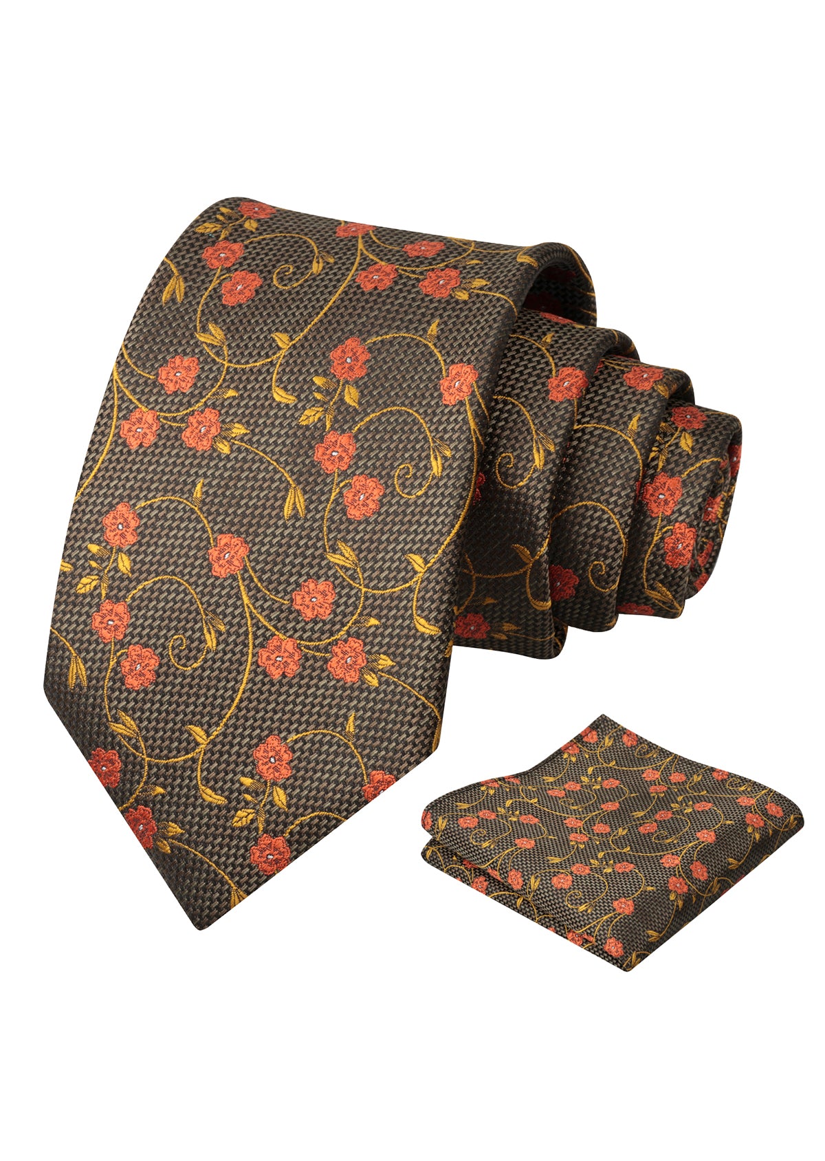 Mens Floral Tie Set 3.15 Inch with Textured Vine Pattern and Pocket Square-931