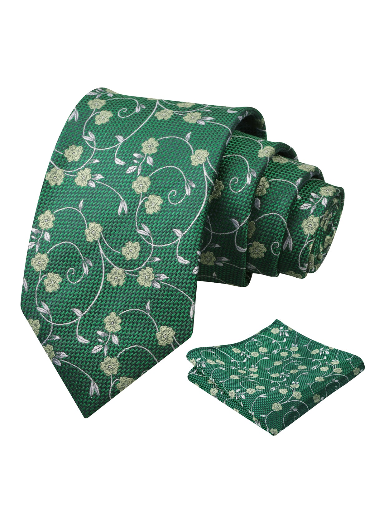 Mens Floral Tie Set 3.15 Inch with Textured Vine Pattern and Pocket Square-931